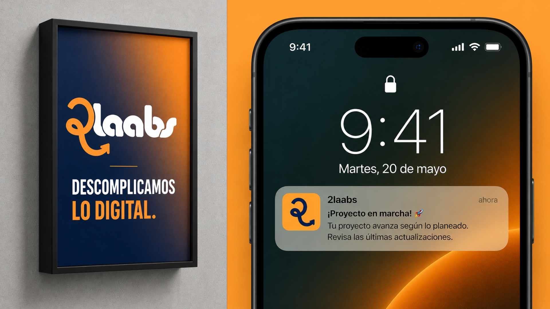 Cuadro con el logotipo y el lema de 2laabs junto a un teléfono con una notificación de la app