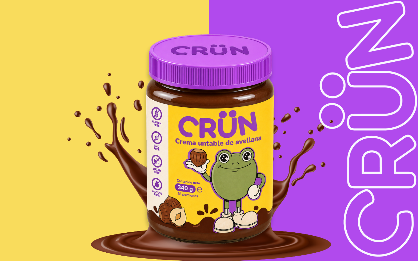 Frasco de crema untable de avellana Crün con tapa morada y salpicadura de chocolate sobre fondo amarillo y morado