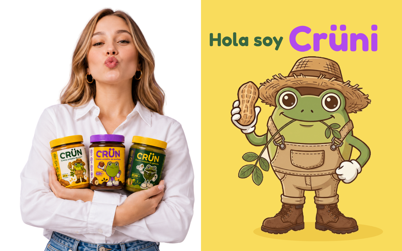 Mujer abrazando los tres frascos de Crün junto a Crüni, la rana granjera del sabor maní