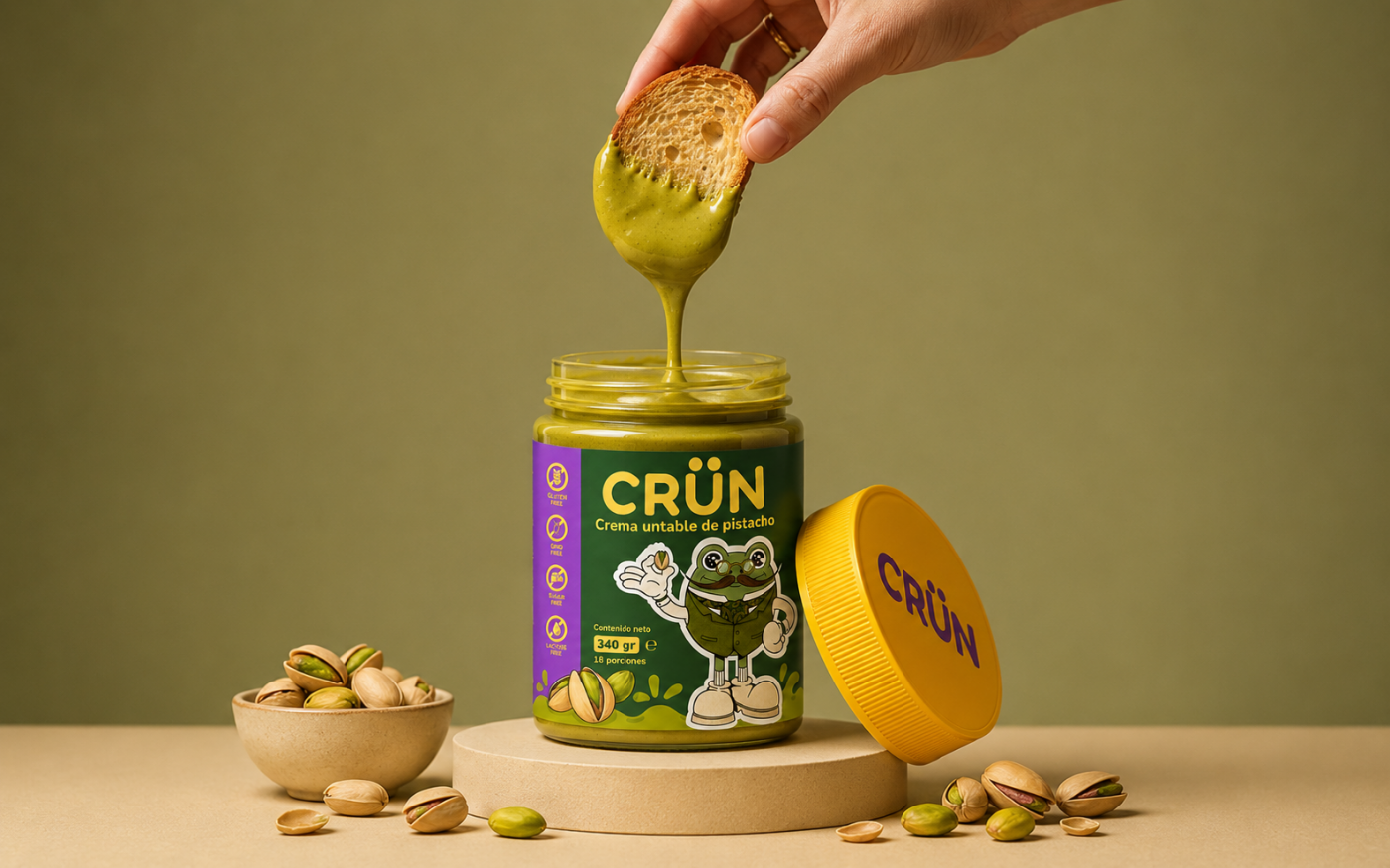 Pan sumergido en un frasco abierto de crema de pistacho Crün con su rana de bigote