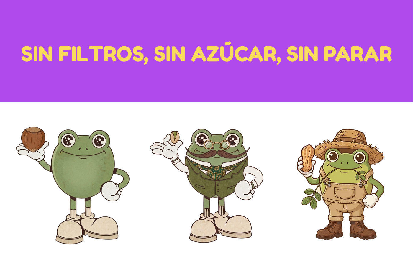 Las tres ranas mascota de Crün, una por sabor, bajo el lema «Sin filtros, sin azúcar, sin parar»