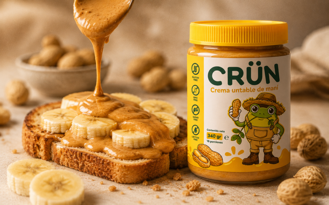 Frasco de crema de maní Crün junto a una tostada con banana y crema de maní