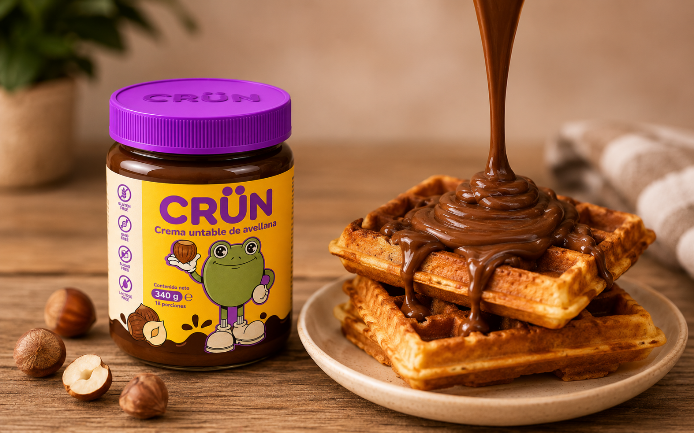 Frasco de crema de avellana Crün junto a waffles bañados en crema de avellana