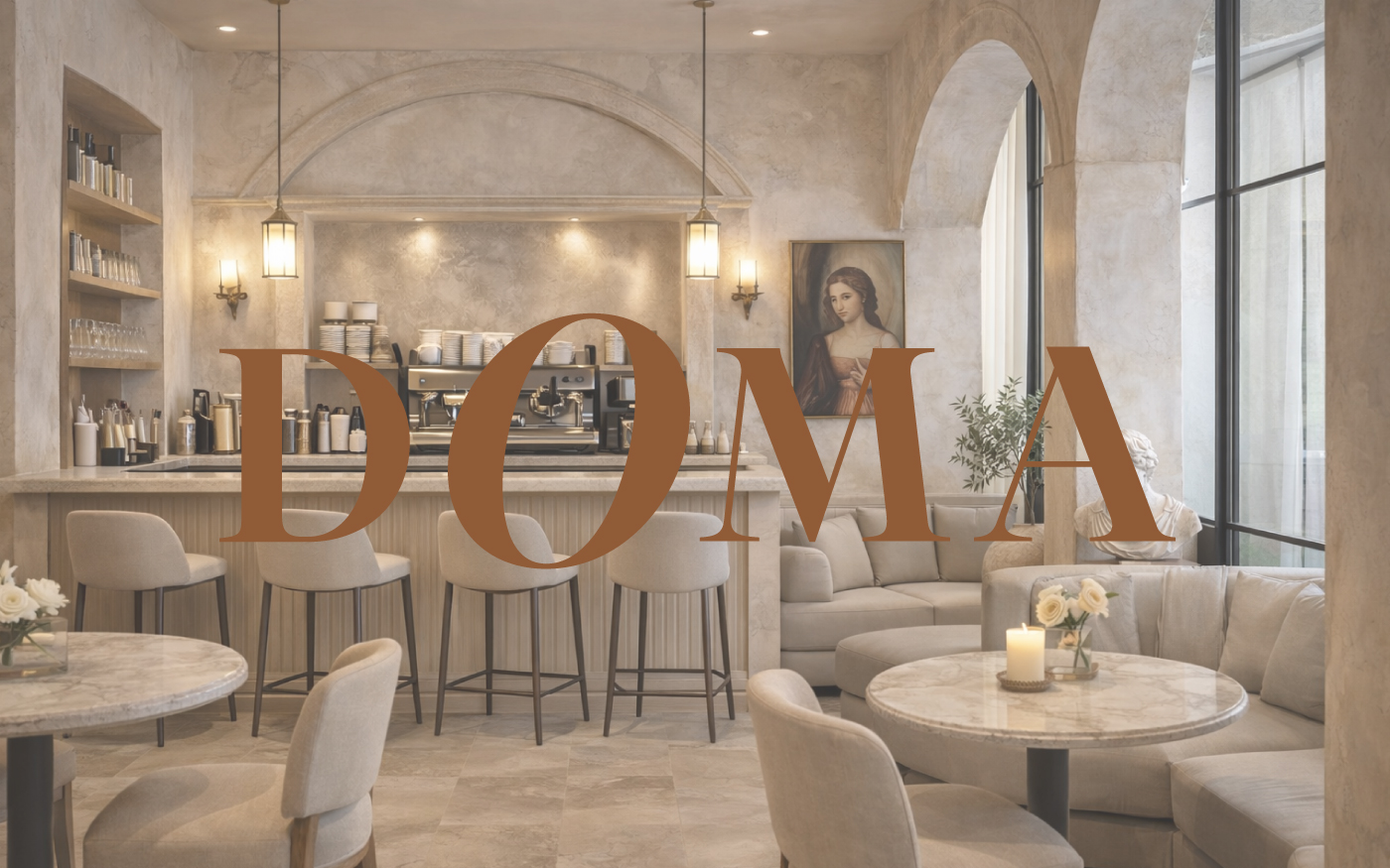 Logotipo de DOMA en cobre sobre el interior de una cafetería de inspiración renacentista