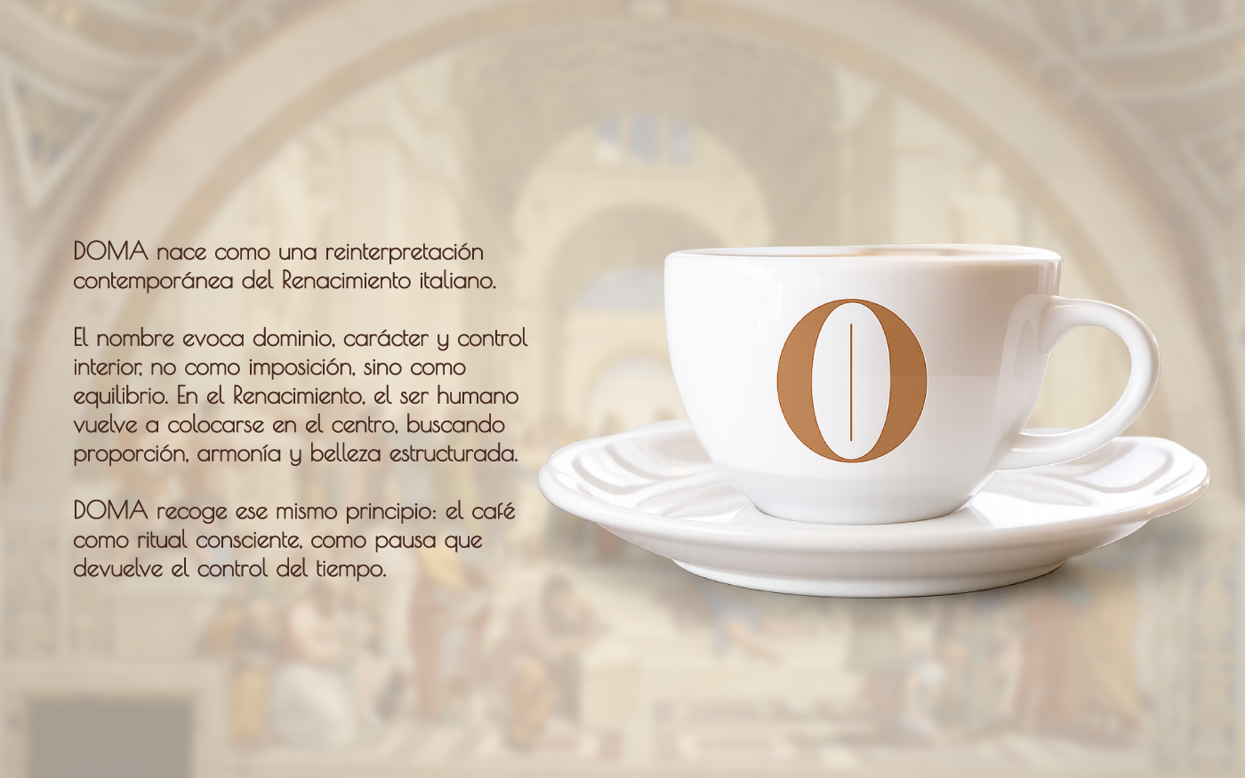 Taza blanca con el isotipo de DOMA junto al texto conceptual de la marca