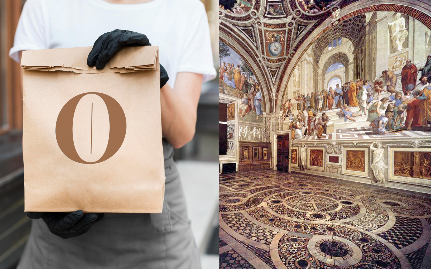 Bolsa kraft con el isotipo de DOMA junto a la Stanza della Segnatura de Rafael