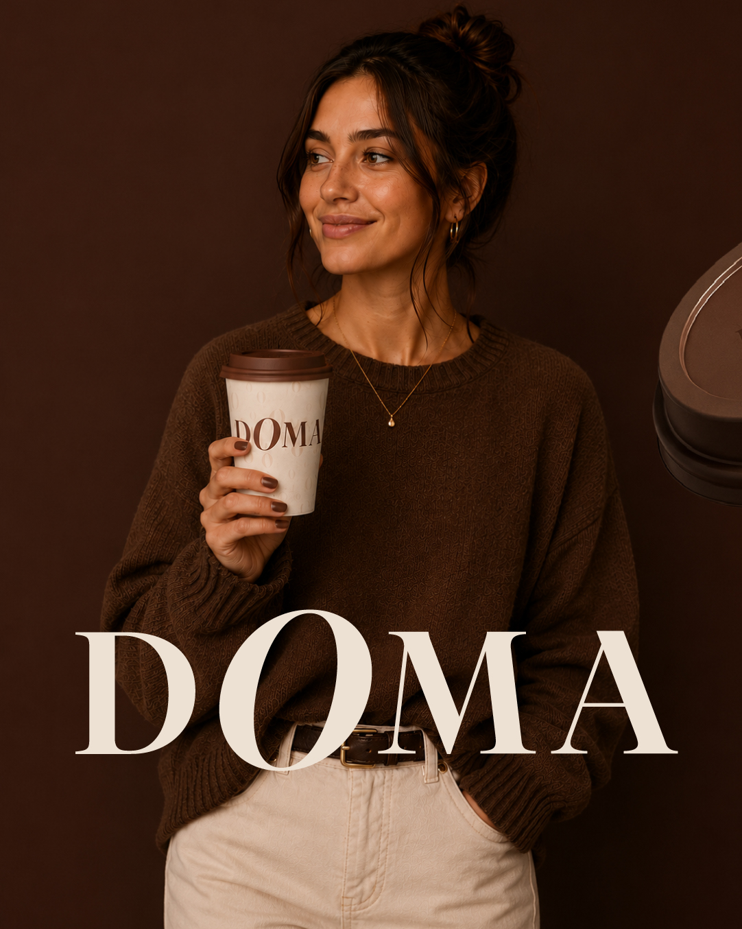 Mujer sosteniendo un vaso de café DOMA sobre fondo marrón con el logotipo en grande