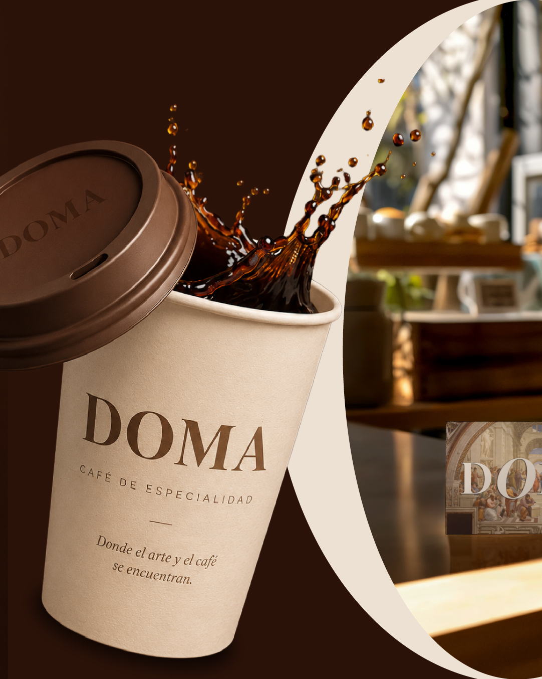 Vaso de café DOMA con salpicadura y el lema «Donde el arte y el café se encuentran»