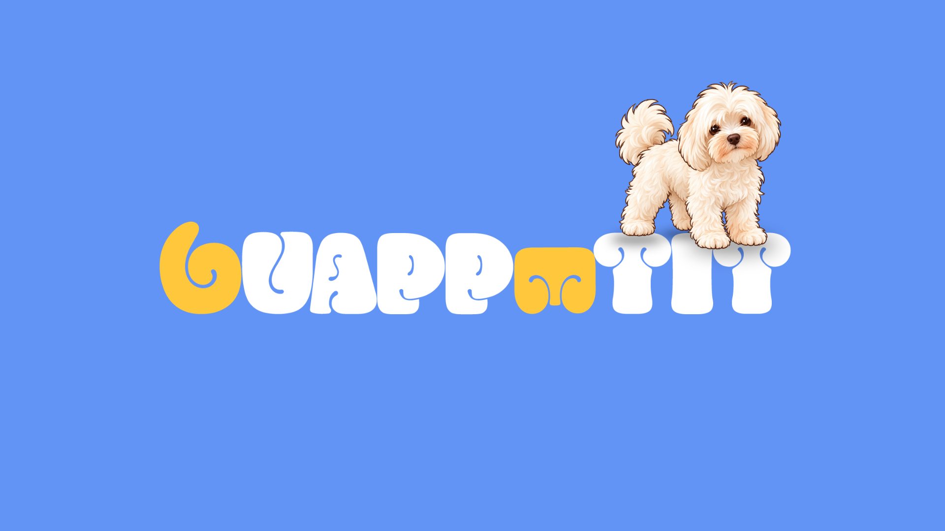 Logotipo de Guappetit sobre fondo azul, con Nacho apoyado sobre las letras