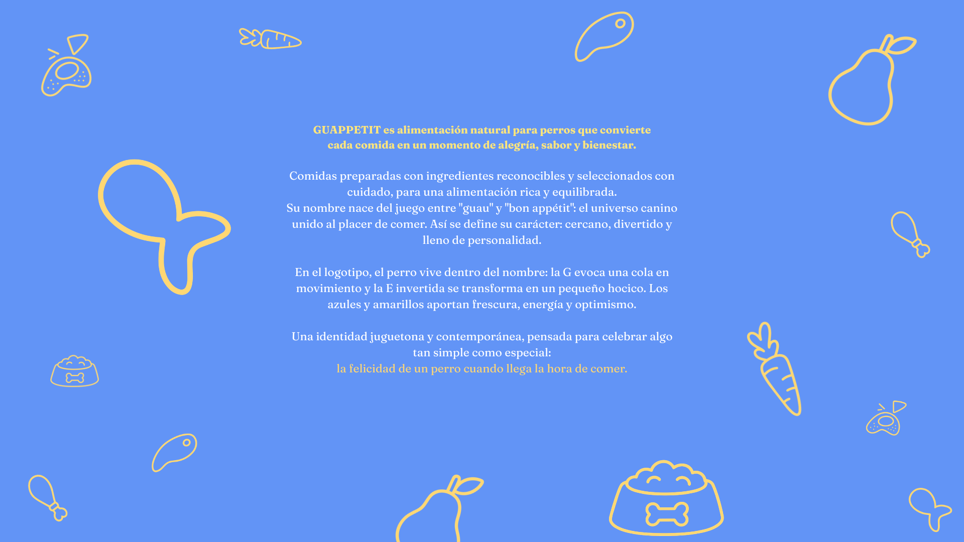 Concepto de marca de Guappetit sobre fondo azul con iconos de ingredientes en amarillo