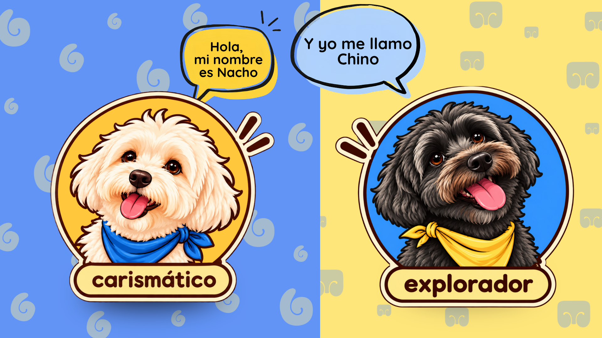 Chino y Nacho, los dos personajes de marca de Guappetit, presentados como stickers: «carismático» y «explorador»