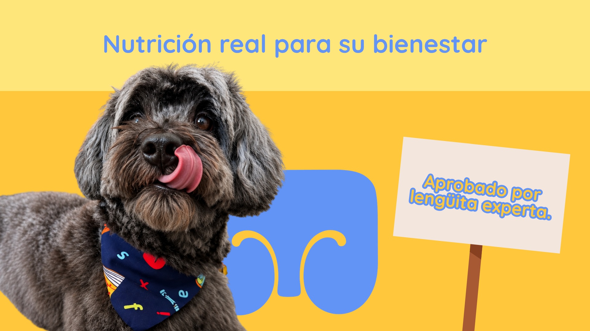 Pieza de campaña de Guappetit: «Nutrición real para su bienestar», con Chino relamiéndose