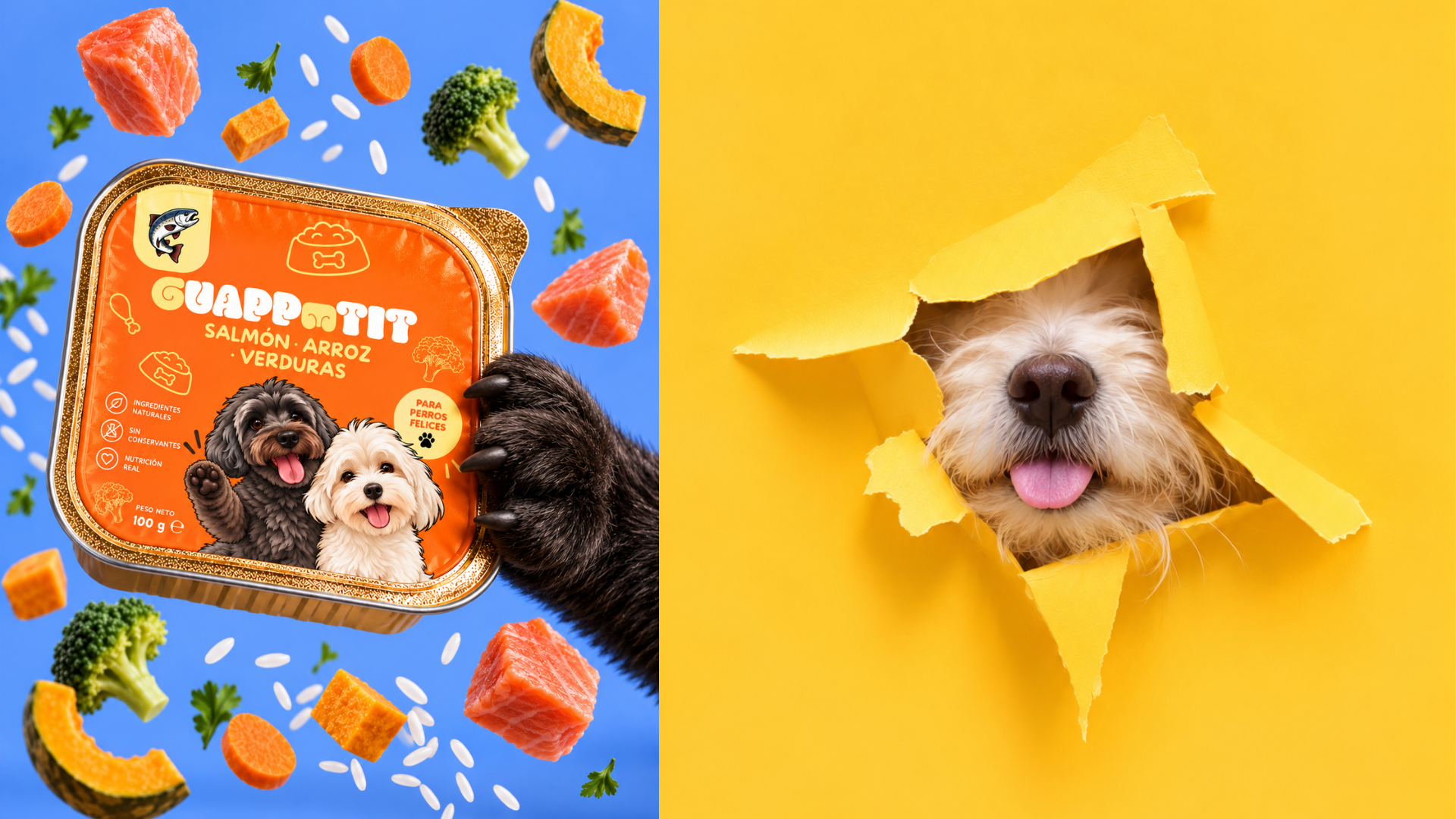 Bandeja de 100 g de Guappetit de salmón, arroz y verduras rodeada de ingredientes, junto a un perro asomando por un papel amarillo