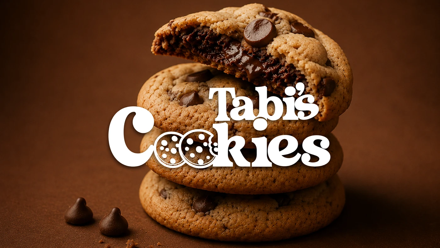 Logotipo de Tabi's Cookies sobre una torre de galletas artesanales con chispas de chocolate