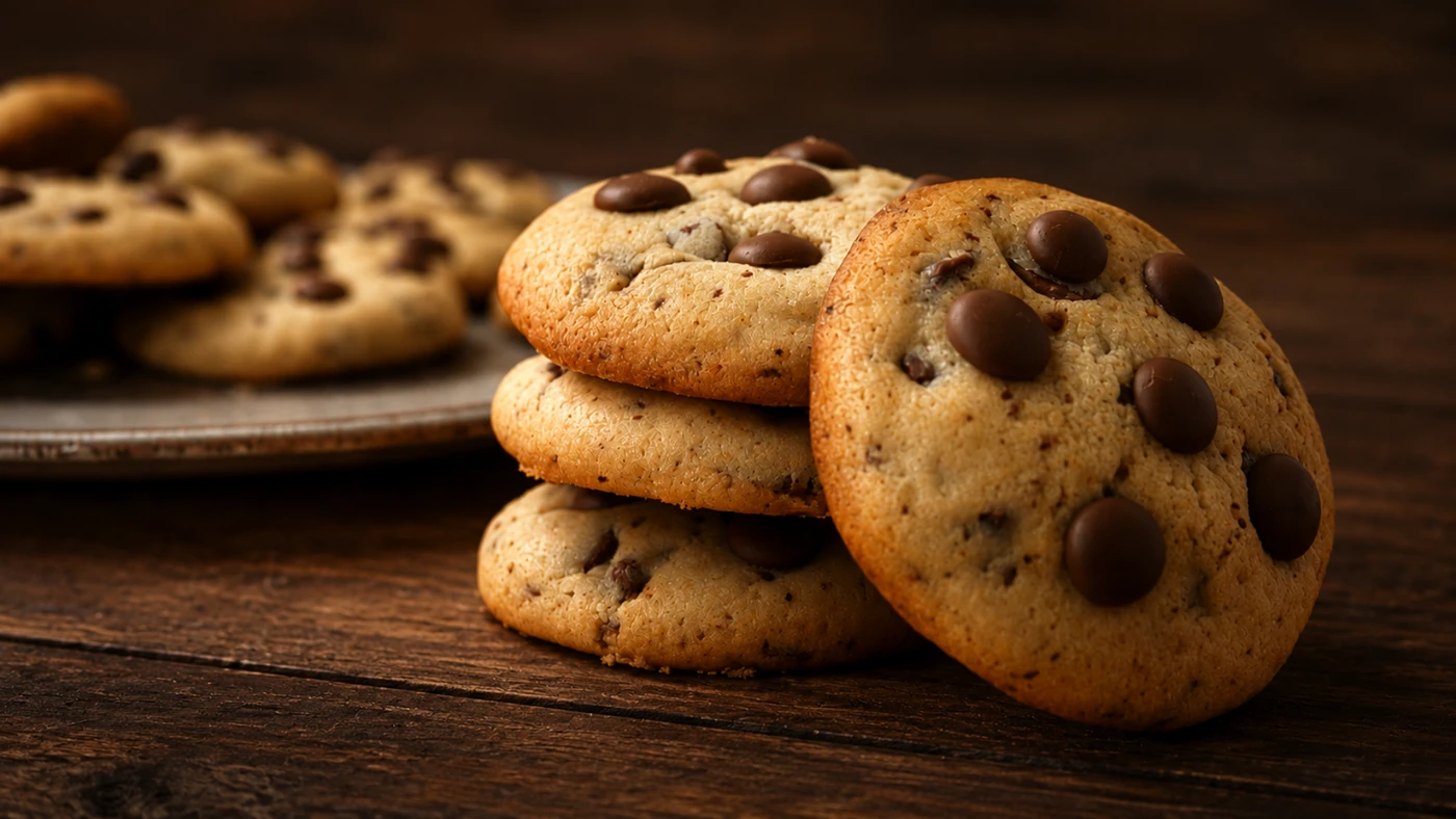 Galletas artesanales con chispas de chocolate de Tabi's Cookies sobre una mesa de madera